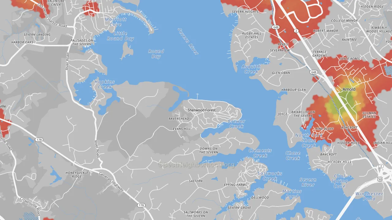 Walk Grade map of 21405, MD, walkable areas in green and car-dependent areas in red