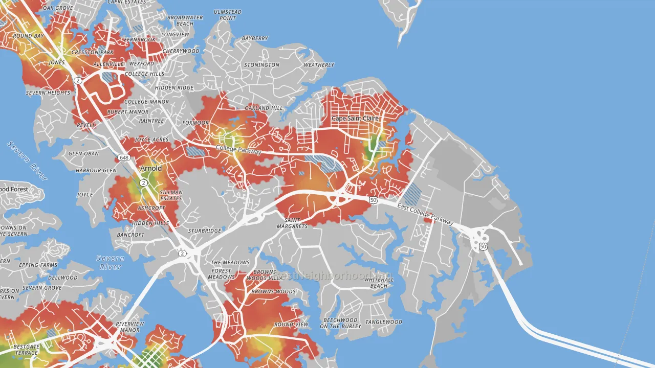 Walk Grade map of 21409, MD, walkable areas in green and car-dependent areas in red