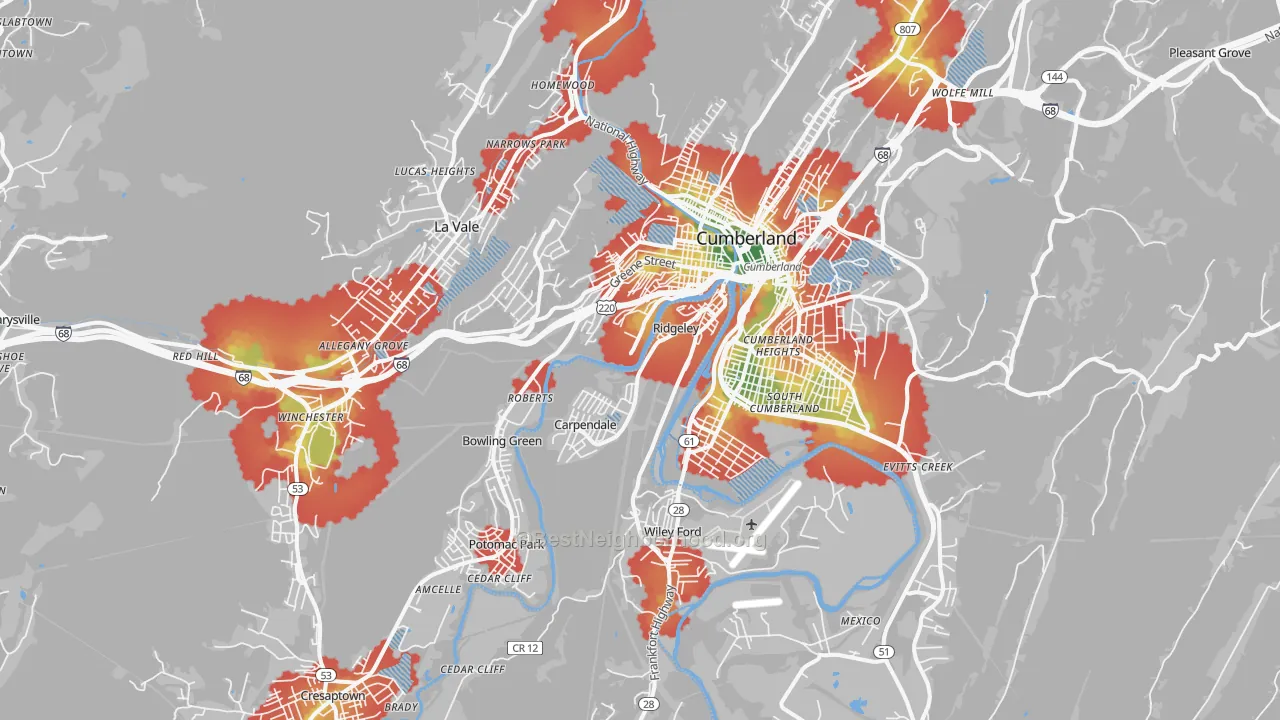 Walk Grade map of 21502, MD, walkable areas in green and car-dependent areas in red