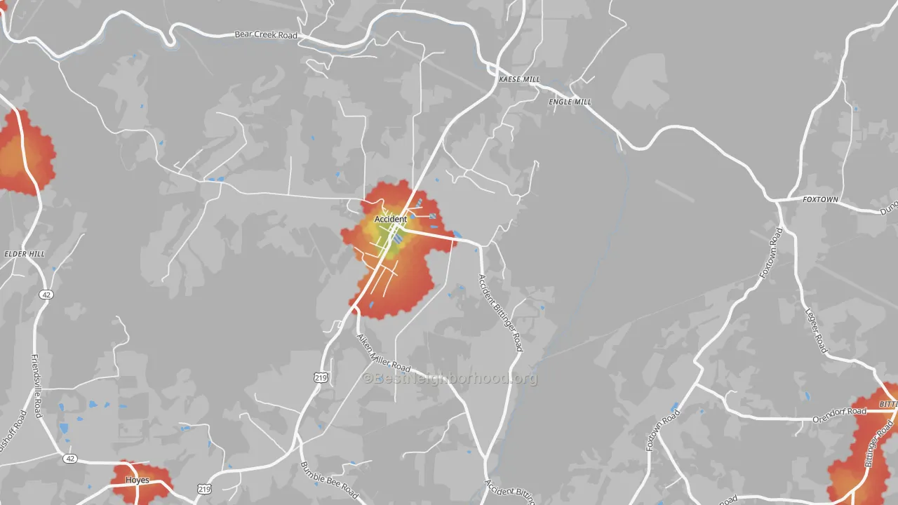 Walk Grade map of 21520, MD, walkable areas in green and car-dependent areas in red
