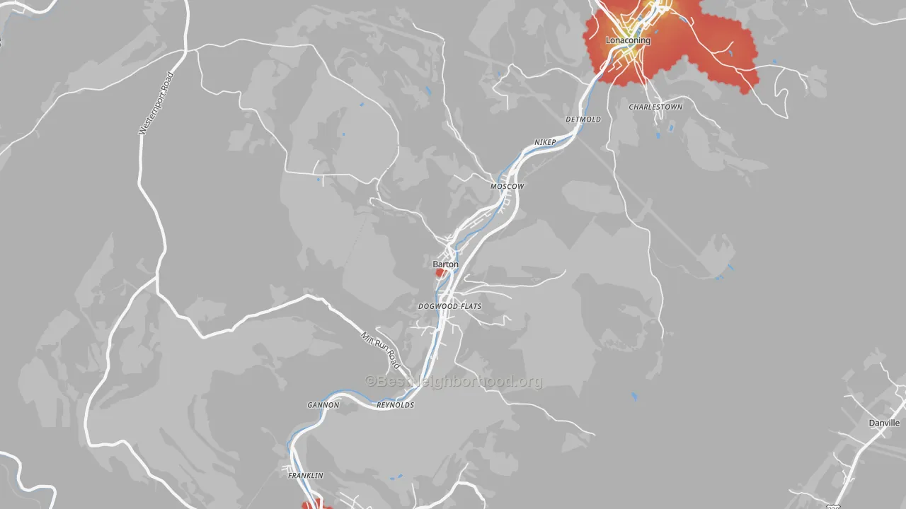 Walk Grade map of 21521, MD, walkable areas in green and car-dependent areas in red
