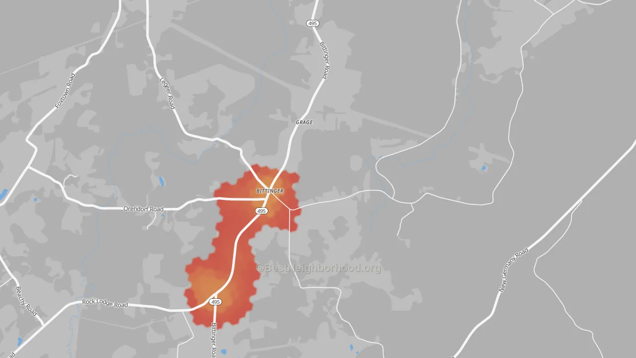 Walk Grade map of 21522, MD, walkable areas in green and car-dependent areas in red