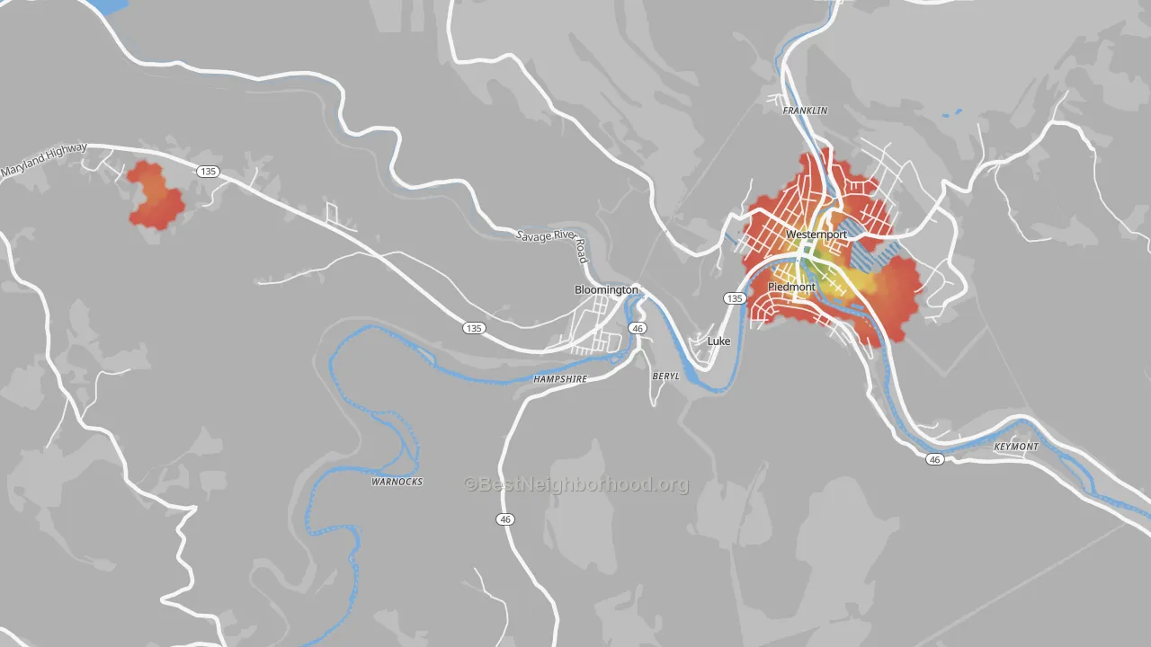 Walk Grade map of 21523, MD, walkable areas in green and car-dependent areas in red
