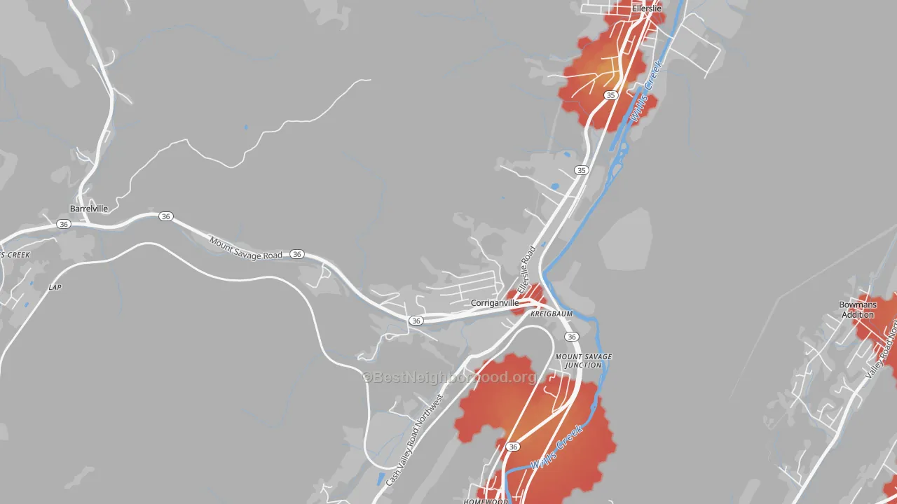 Walk Grade map of 21524, MD, walkable areas in green and car-dependent areas in red
