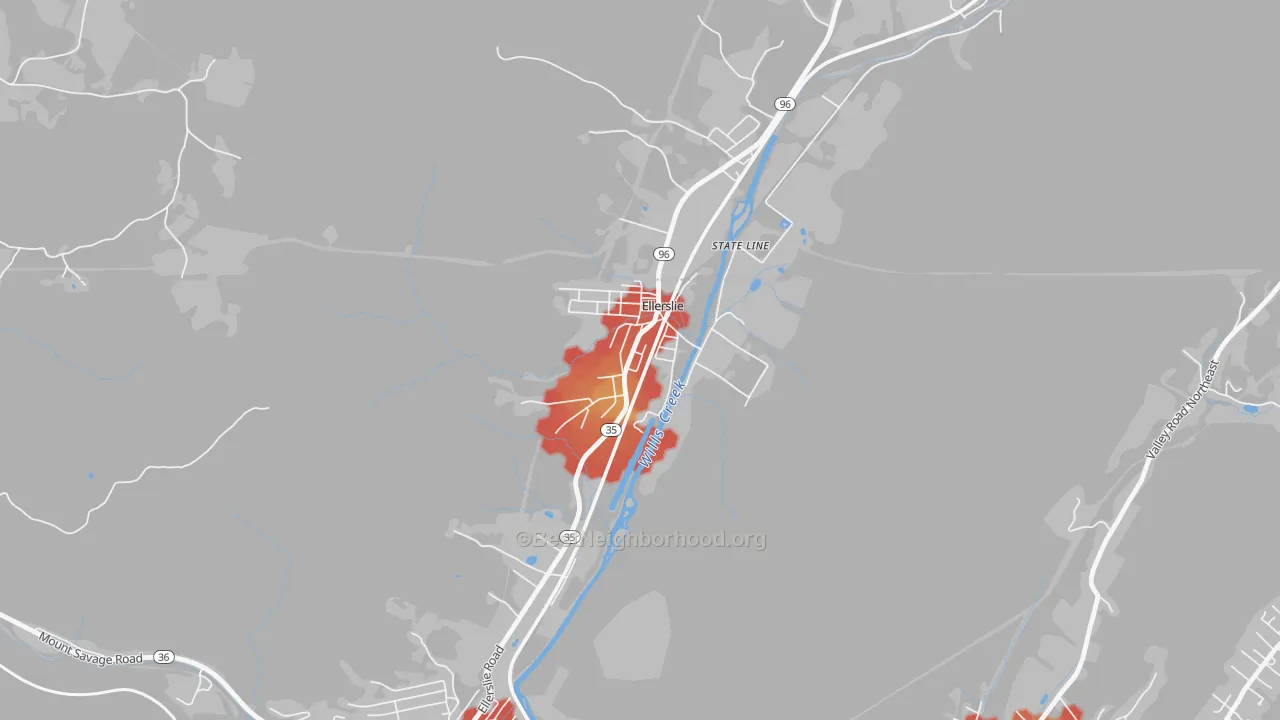 Walk Grade map of 21529, MD, walkable areas in green and car-dependent areas in red