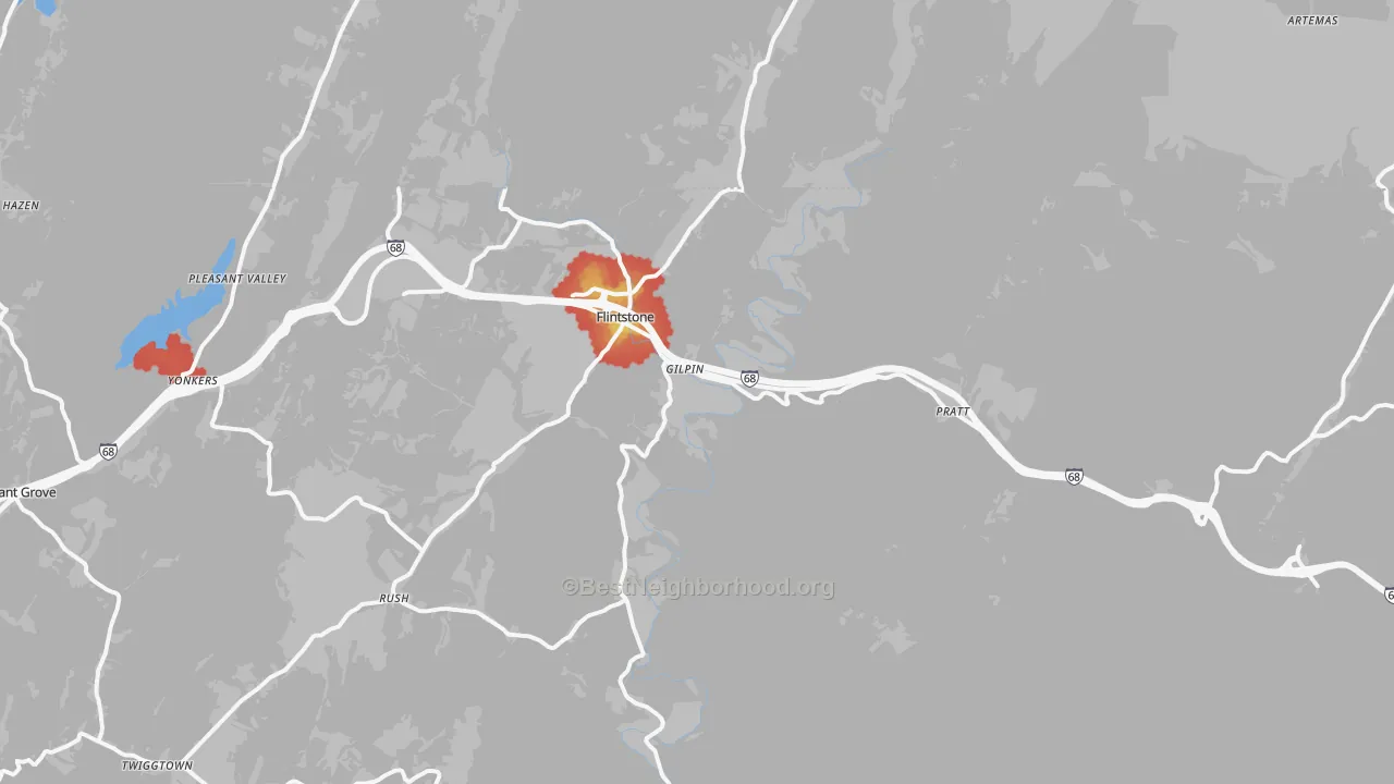 Walk Grade map of 21530, MD, walkable areas in green and car-dependent areas in red
