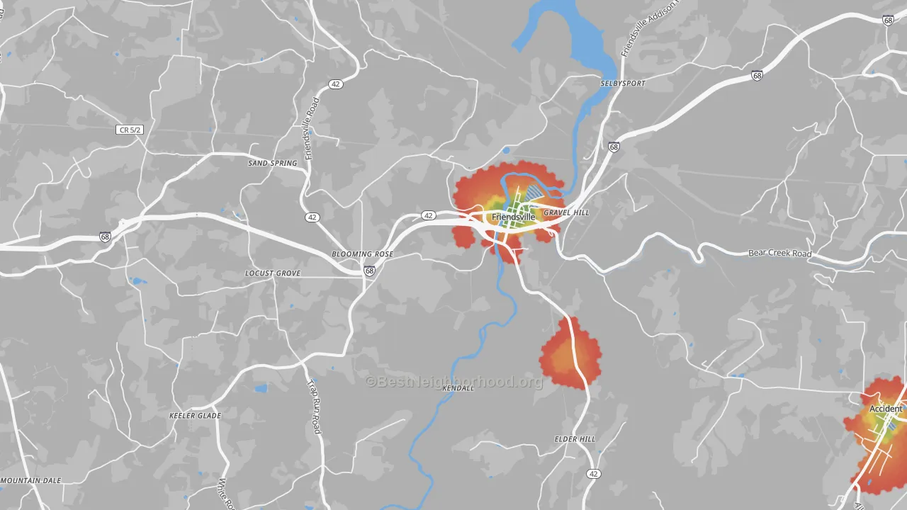 Walk Grade map of 21531, MD, walkable areas in green and car-dependent areas in red