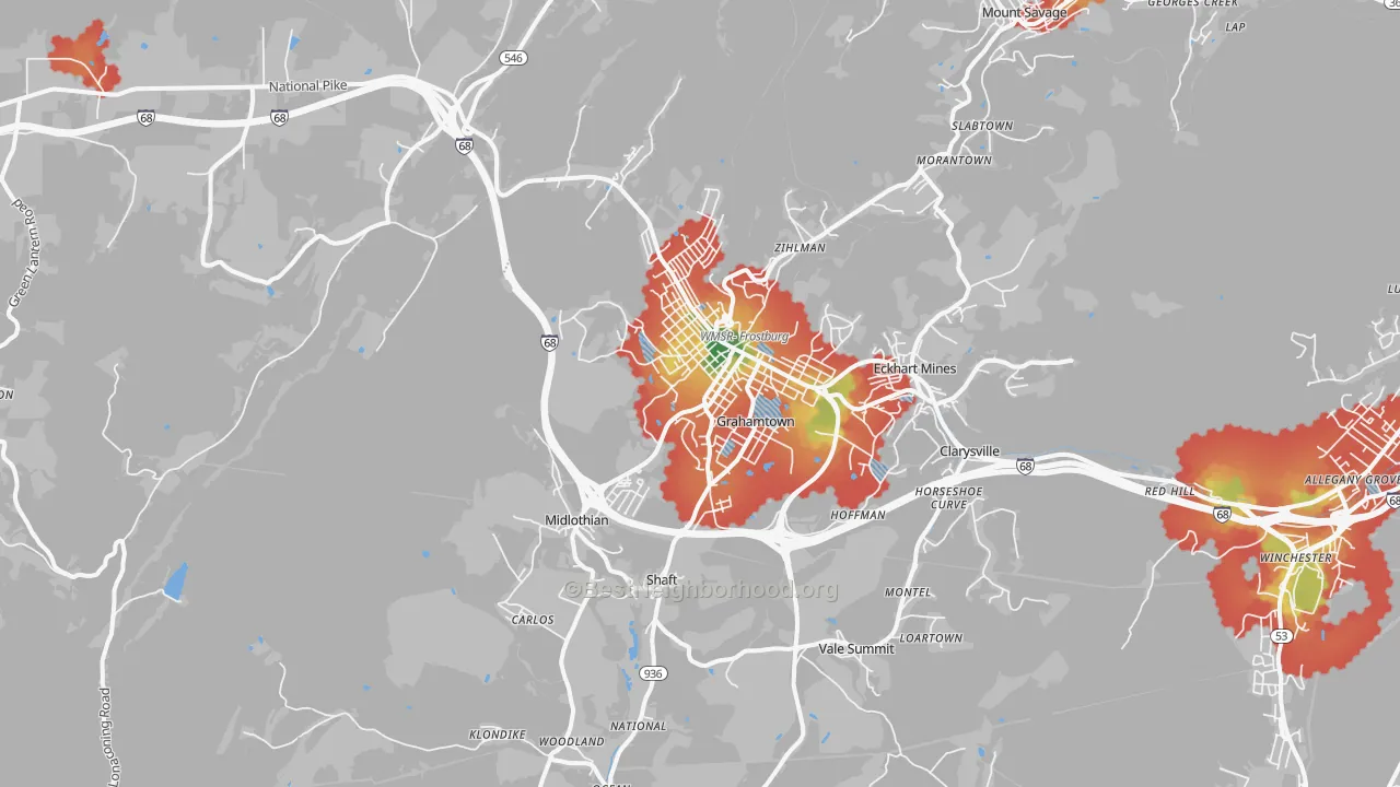 Walk Grade map of 21532, MD, walkable areas in green and car-dependent areas in red