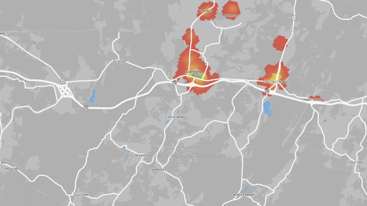 Walk Grade map of 21536, MD, walkable areas in green and car-dependent areas in red