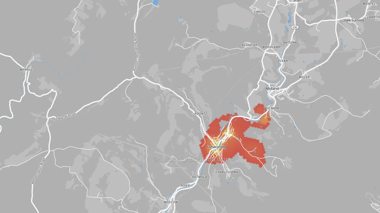 Walk Grade map of 21539, MD, walkable areas in green and car-dependent areas in red