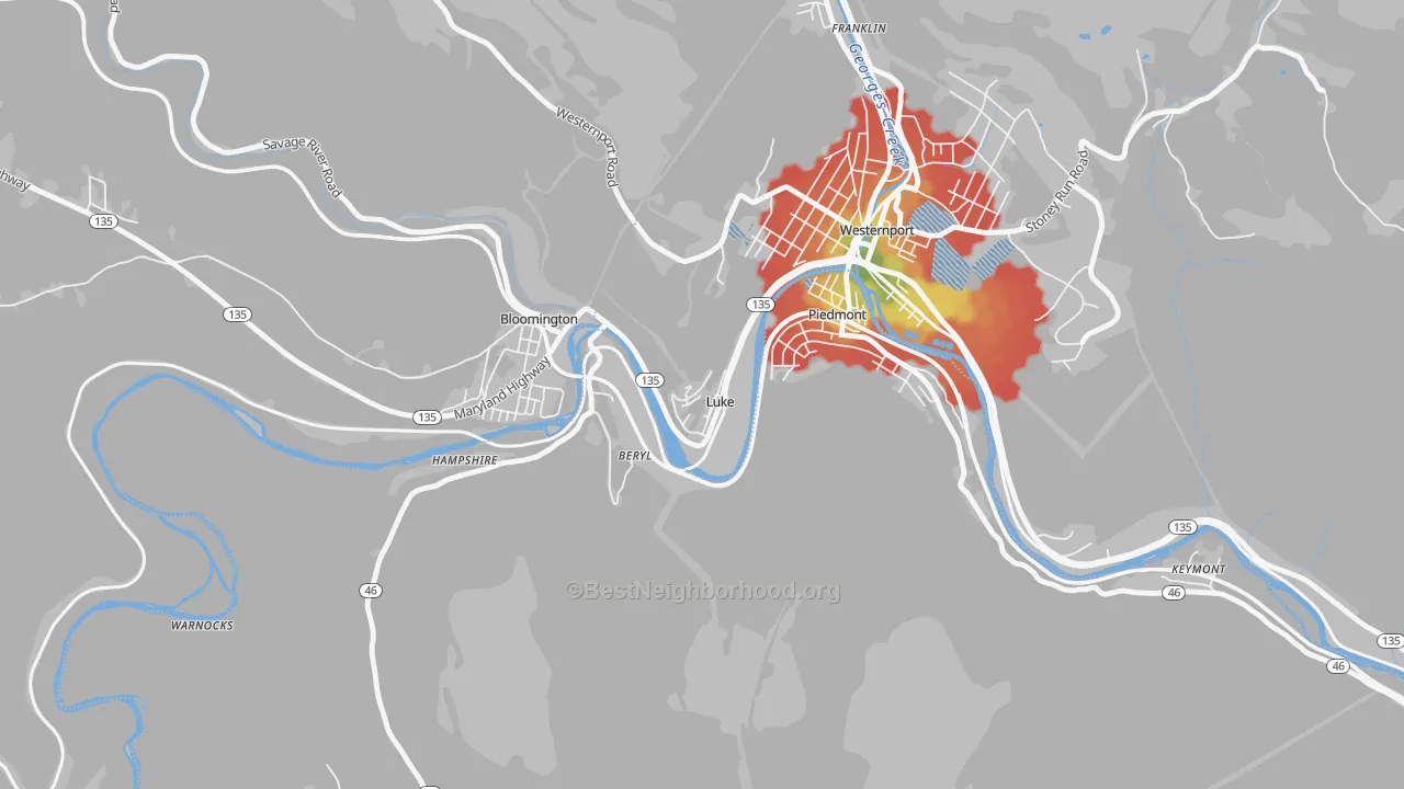 Walk Grade map of 21540, MD, walkable areas in green and car-dependent areas in red