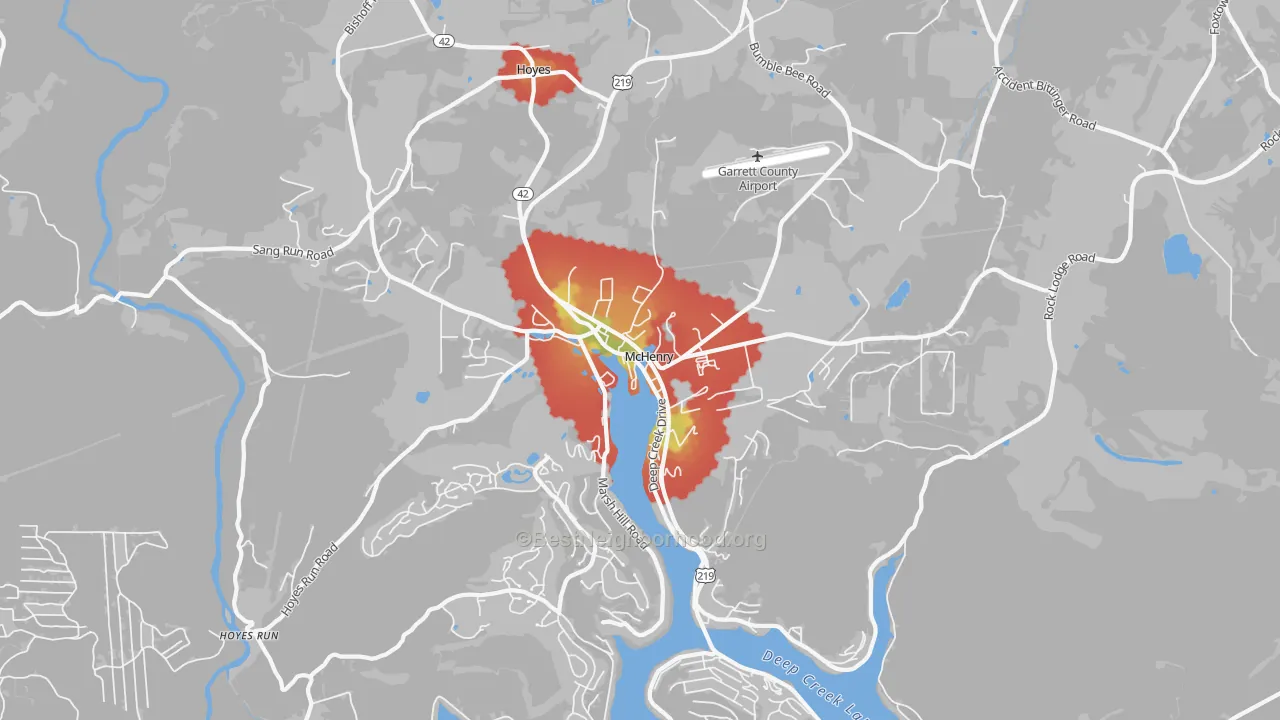 Walk Grade map of 21541, MD, walkable areas in green and car-dependent areas in red