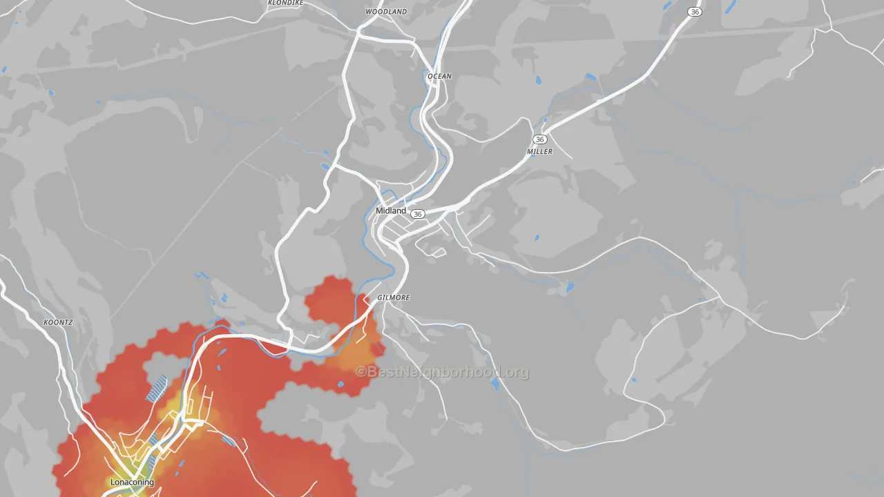 Walk Grade map of 21542, MD, walkable areas in green and car-dependent areas in red