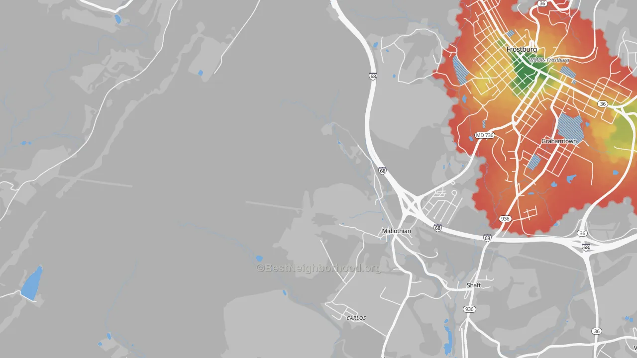 Walk Grade map of 21543, MD, walkable areas in green and car-dependent areas in red