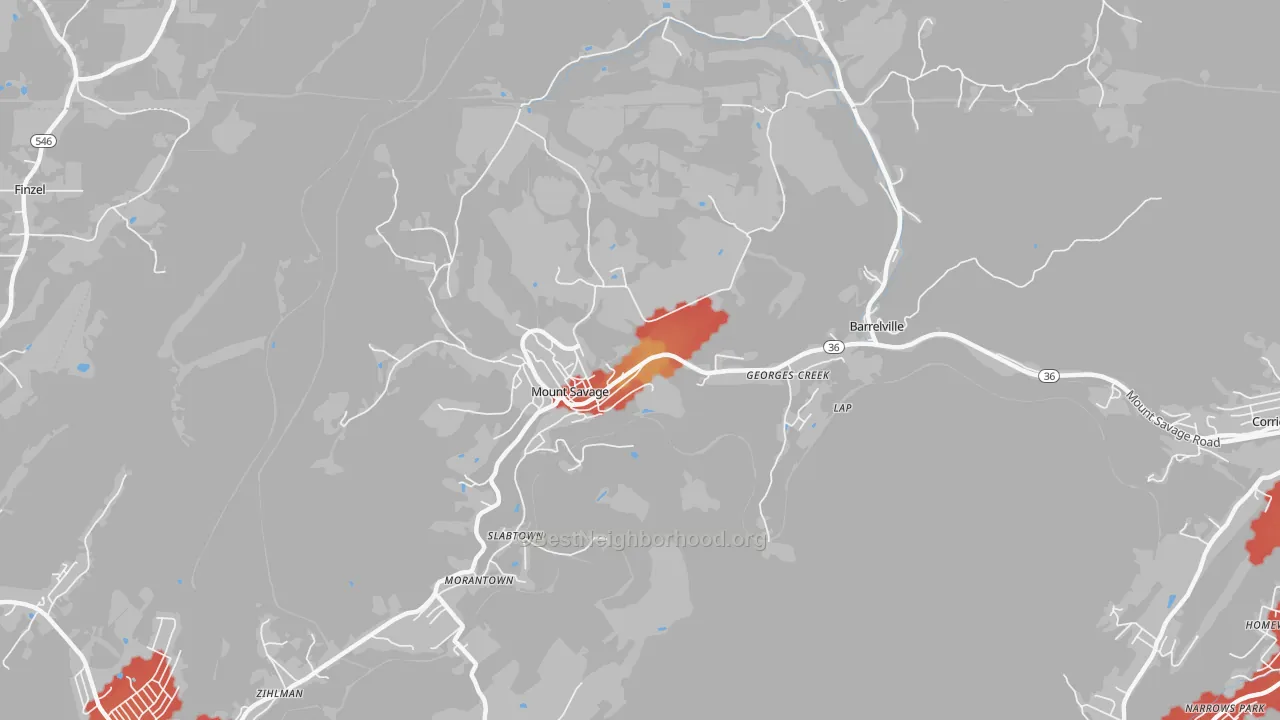 Walk Grade map of 21545, MD, walkable areas in green and car-dependent areas in red
