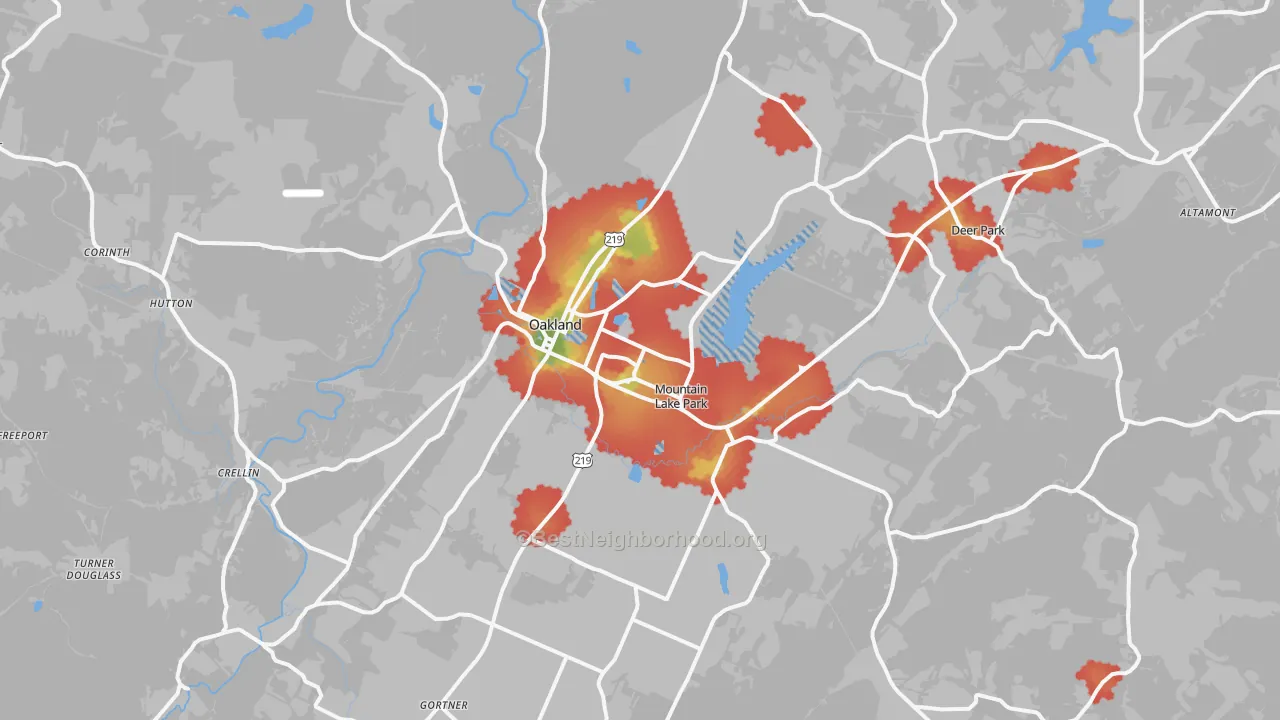Walk Grade map of 21550, MD, walkable areas in green and car-dependent areas in red