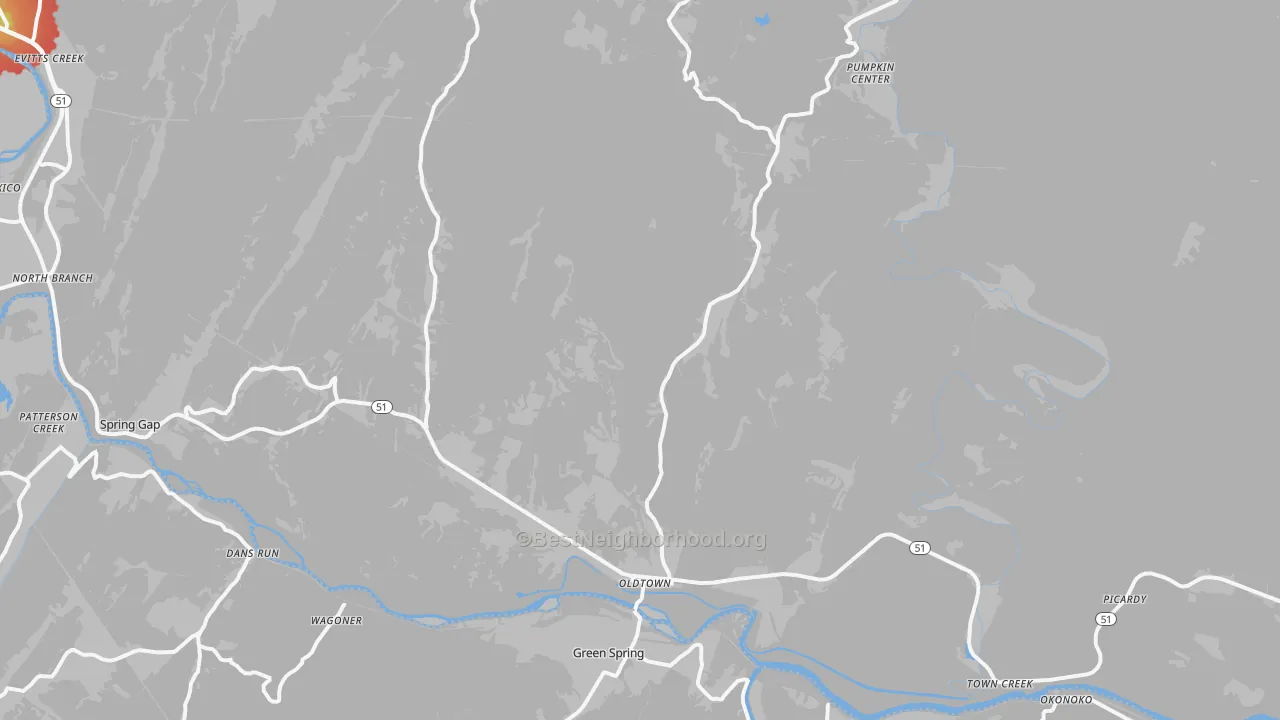 Walk Grade map of 21555, MD, walkable areas in green and car-dependent areas in red