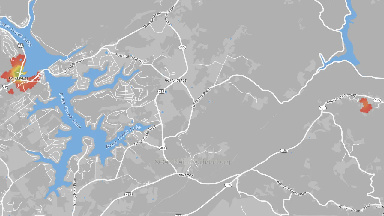 Walk Grade map of 21561, MD, walkable areas in green and car-dependent areas in red