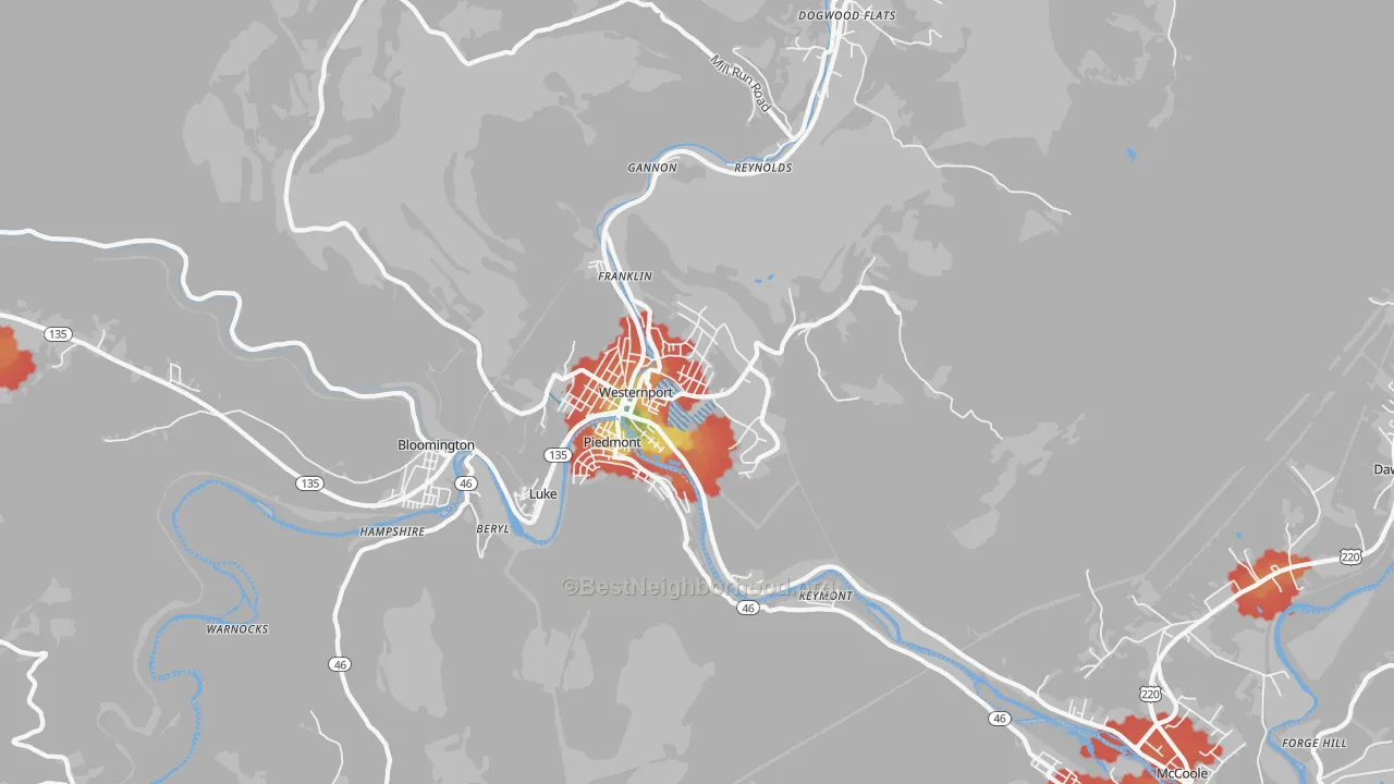 Walk Grade map of 21562, MD, walkable areas in green and car-dependent areas in red