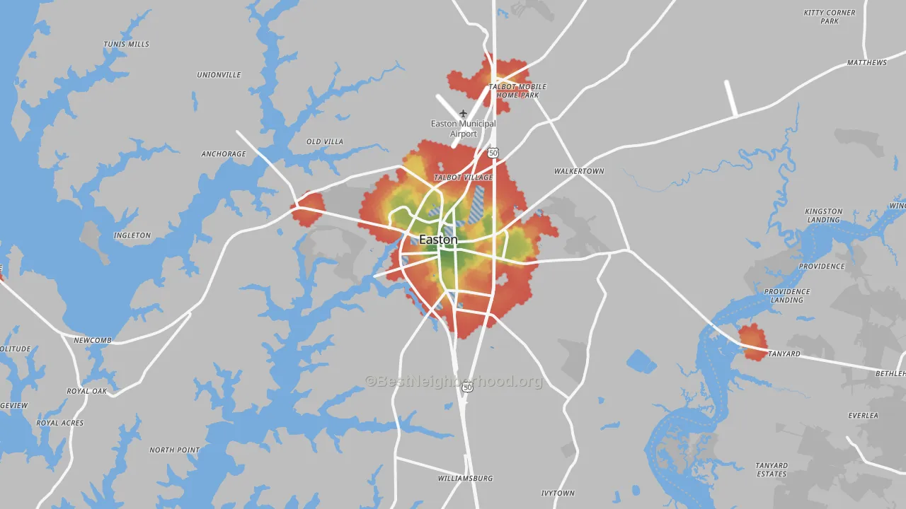 Walk Grade map of 21601, MD, walkable areas in green and car-dependent areas in red