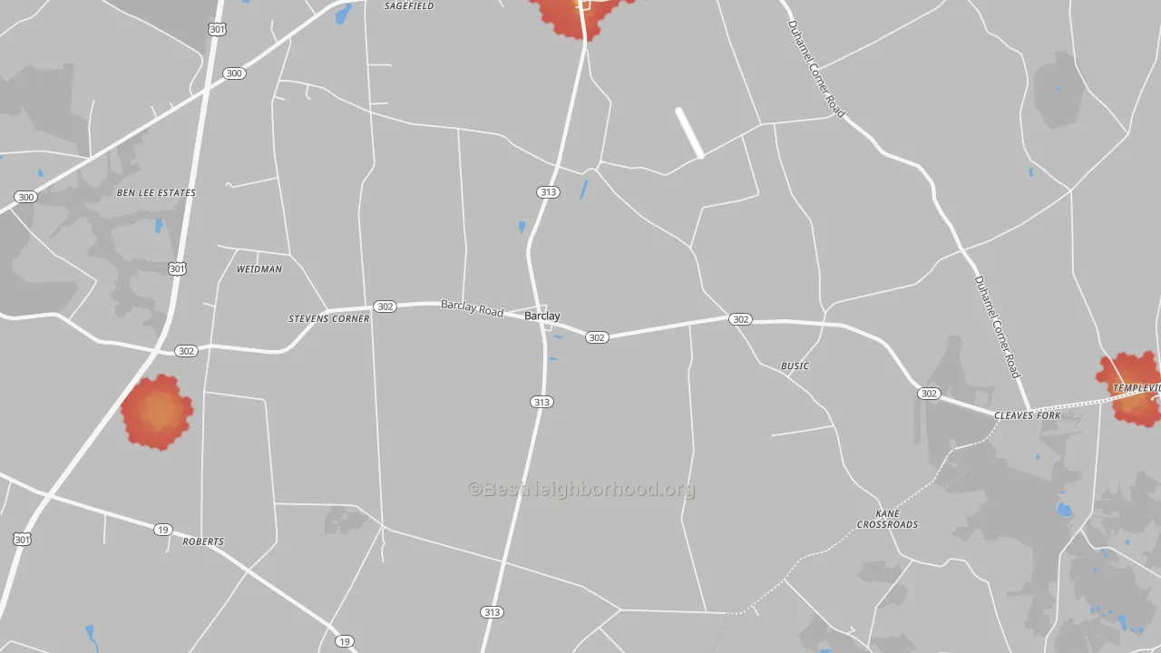 Walk Grade map of 21607, MD, walkable areas in green and car-dependent areas in red