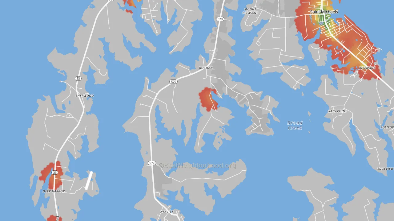 Walk Grade map of 21612, MD, walkable areas in green and car-dependent areas in red