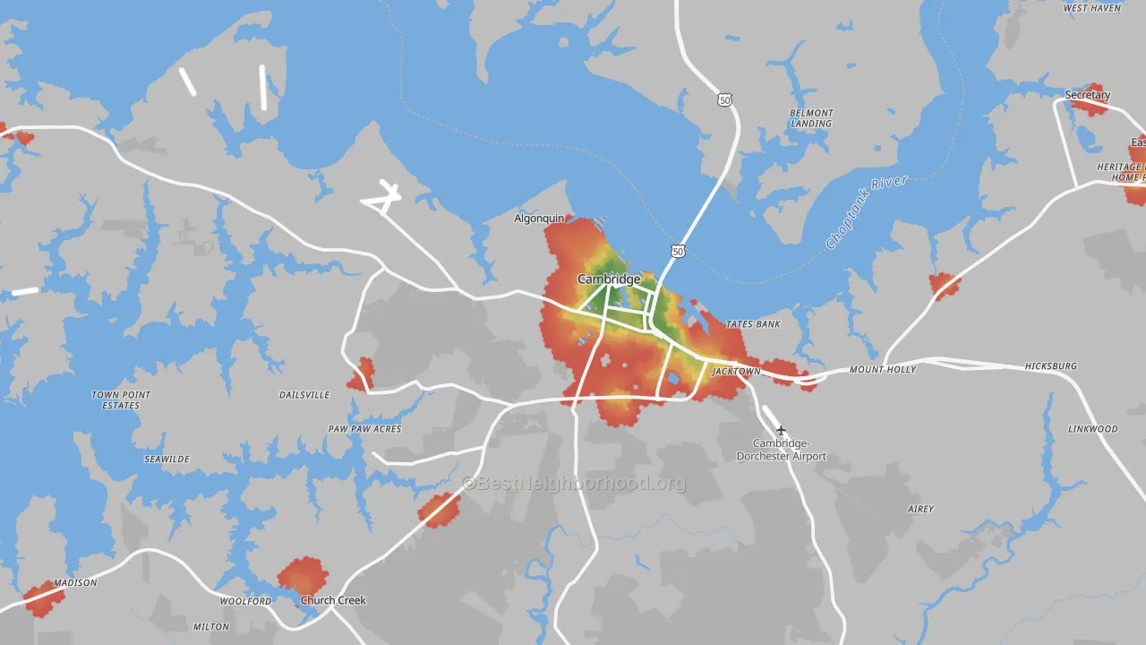 Walk Grade map of 21613, MD, walkable areas in green and car-dependent areas in red