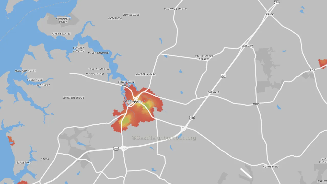 Walk Grade map of 21617, MD, walkable areas in green and car-dependent areas in red