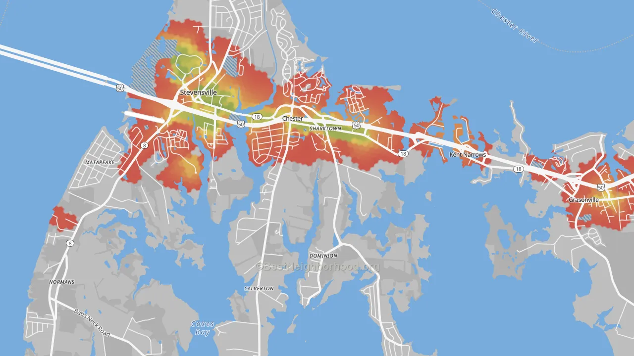 Walk Grade map of 21619, MD, walkable areas in green and car-dependent areas in red