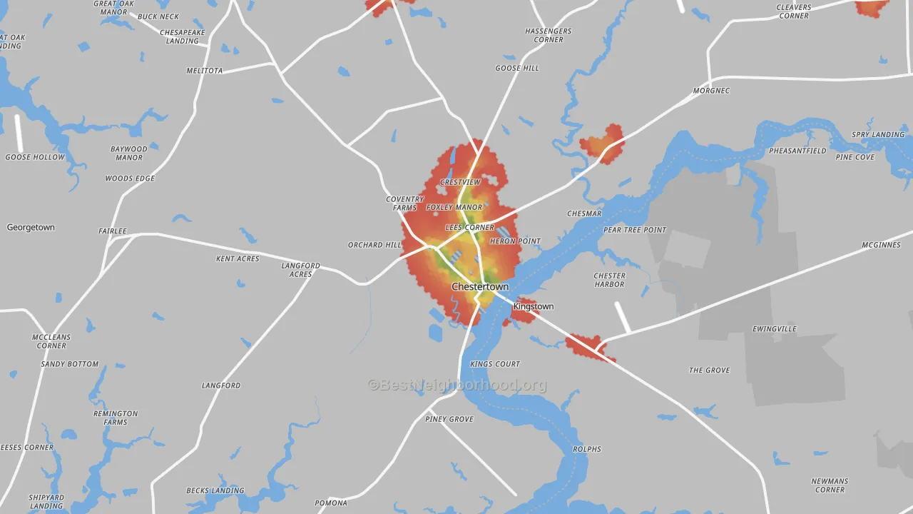 Walk Grade map of 21620, MD, walkable areas in green and car-dependent areas in red