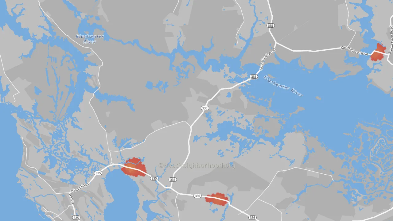 Walk Grade map of 21622, MD, walkable areas in green and car-dependent areas in red