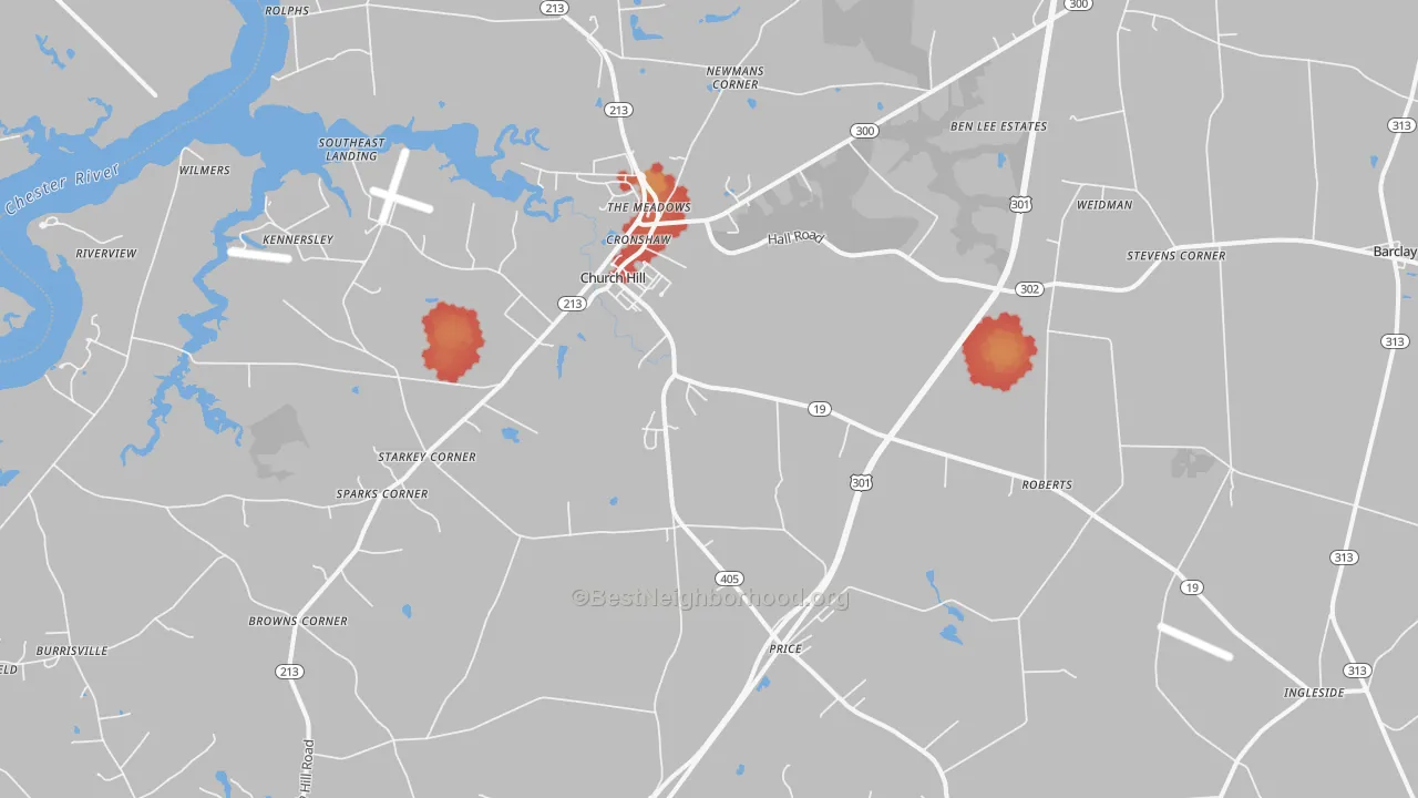 Walk Grade map of 21623, MD, walkable areas in green and car-dependent areas in red