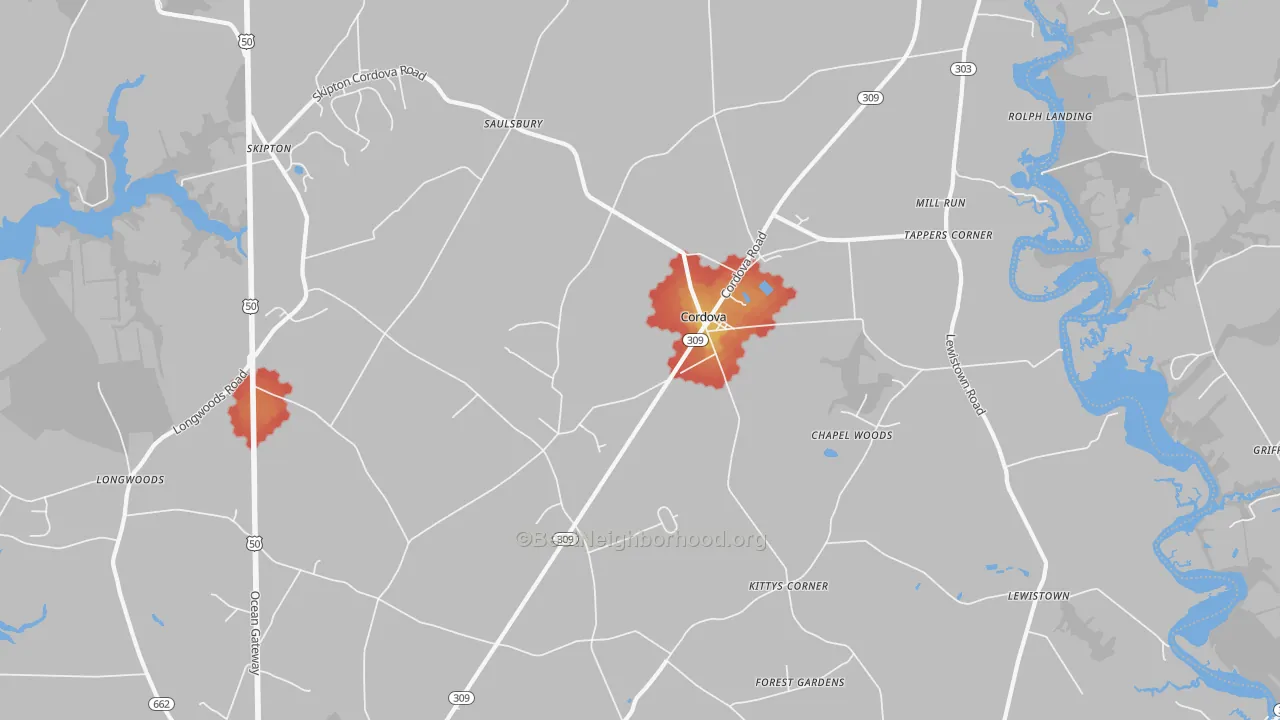 Walk Grade map of 21625, MD, walkable areas in green and car-dependent areas in red