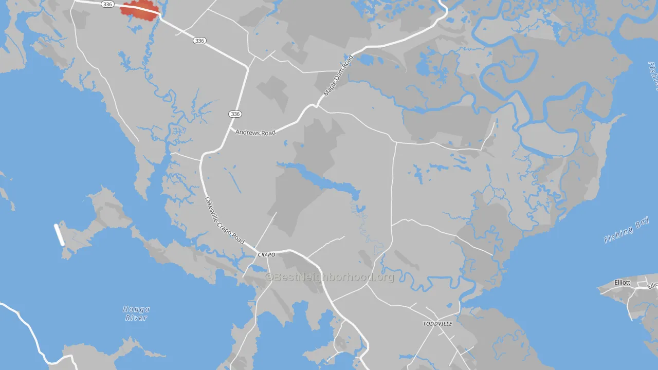 Walk Grade map of 21626, MD, walkable areas in green and car-dependent areas in red