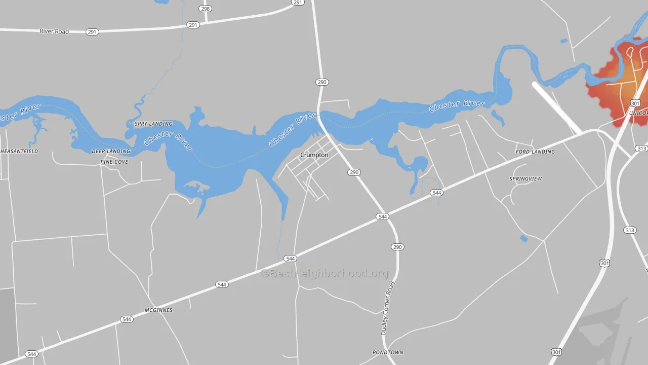 Walk Grade map of 21628, MD, walkable areas in green and car-dependent areas in red