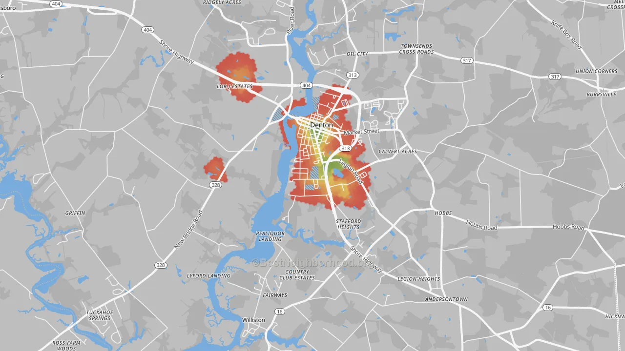 Walk Grade map of 21629, MD, walkable areas in green and car-dependent areas in red