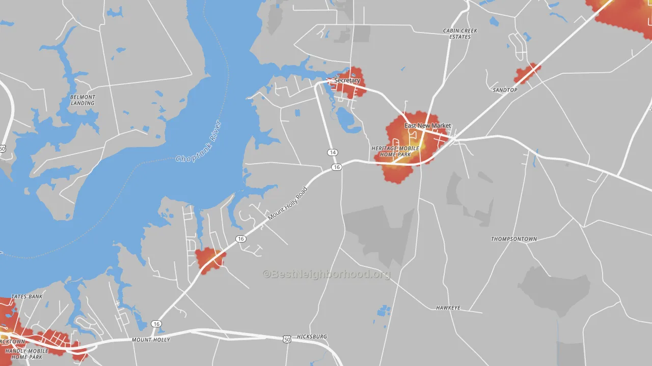 Walk Grade map of 21631, MD, walkable areas in green and car-dependent areas in red