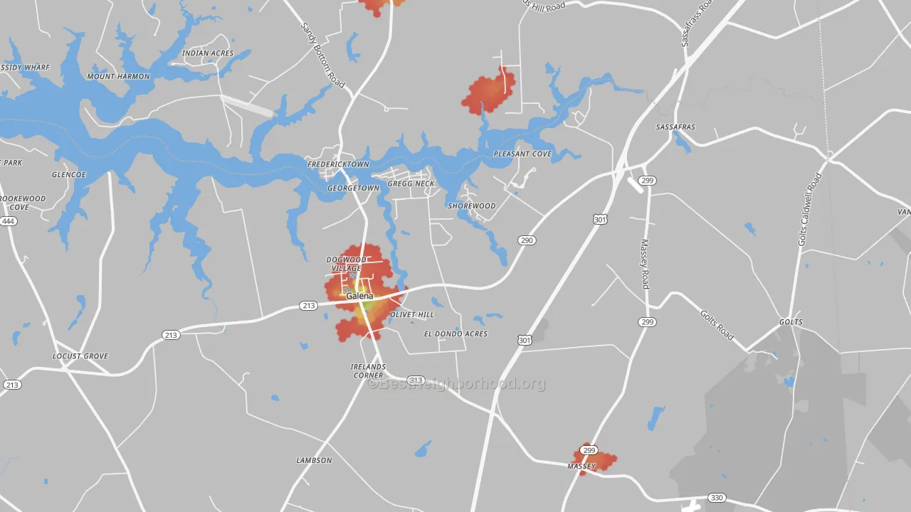 Walk Grade map of 21635, MD, walkable areas in green and car-dependent areas in red