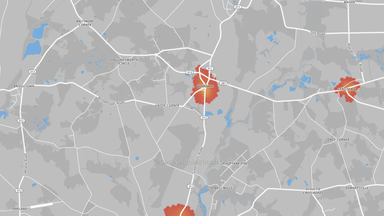 Walk Grade map of 21636, MD, walkable areas in green and car-dependent areas in red