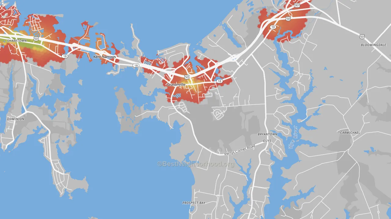 Walk Grade map of 21638, MD, walkable areas in green and car-dependent areas in red