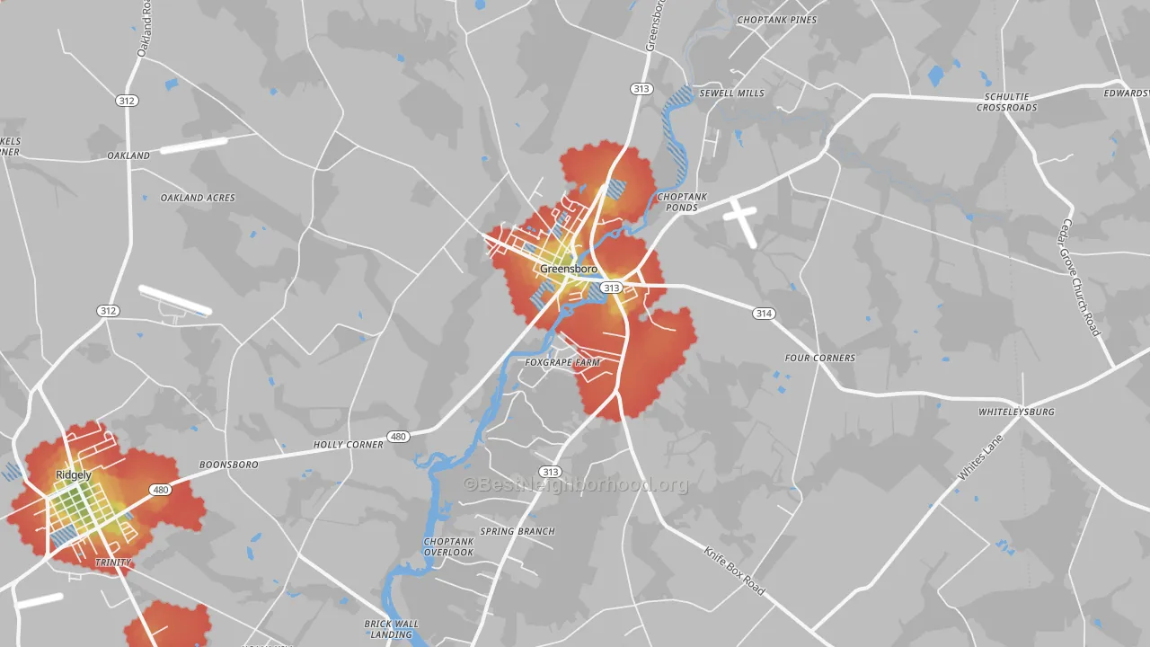 Walk Grade map of 21639, MD, walkable areas in green and car-dependent areas in red
