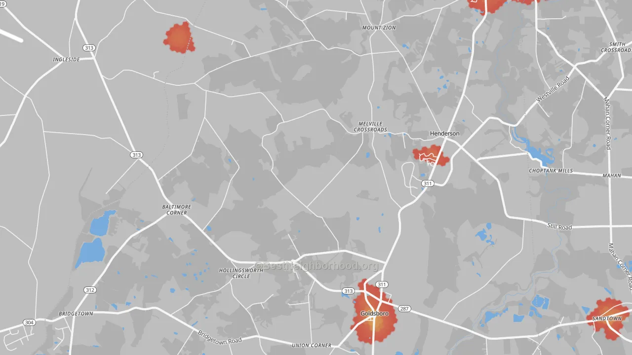 Walk Grade map of 21640, MD, walkable areas in green and car-dependent areas in red