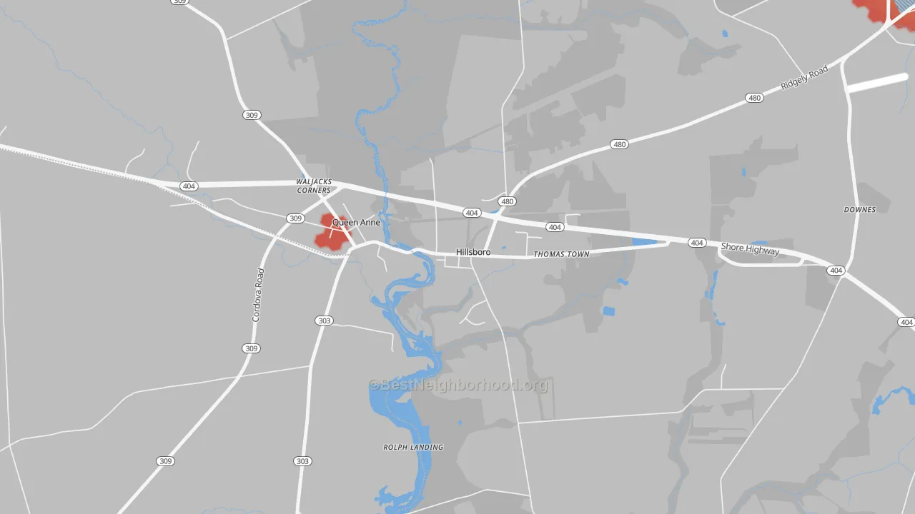 Walk Grade map of 21641, MD, walkable areas in green and car-dependent areas in red