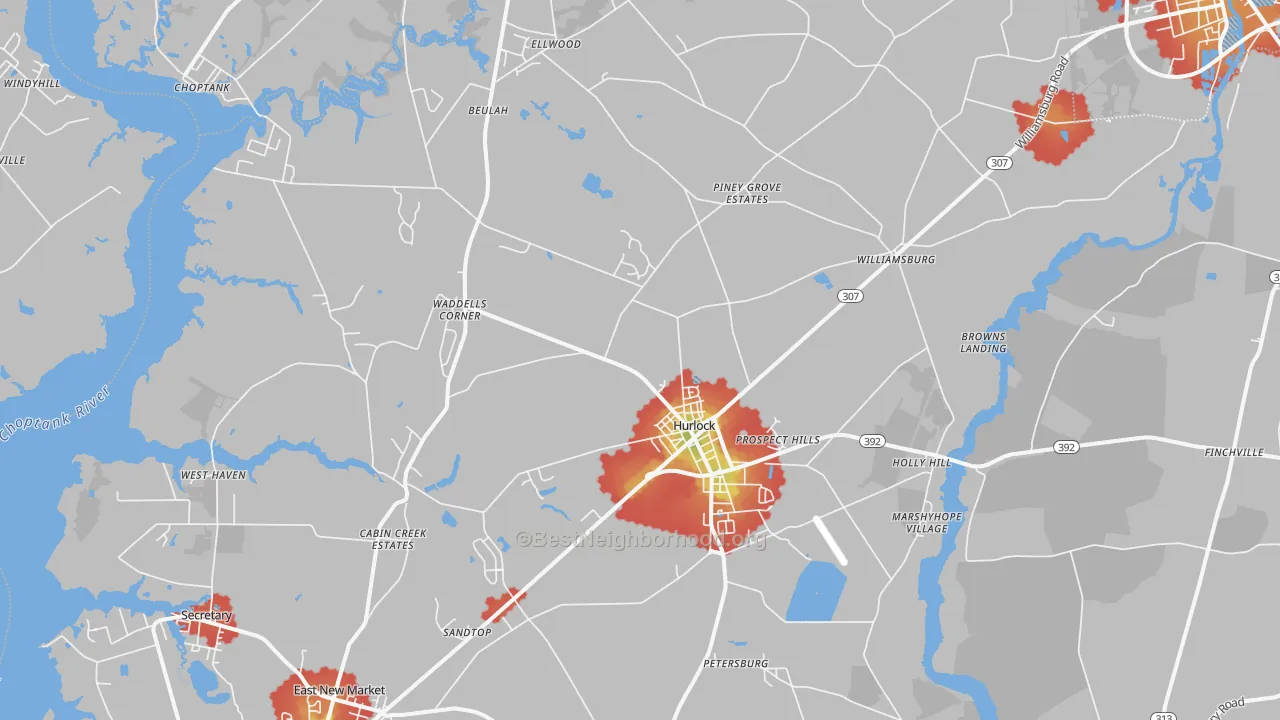 Walk Grade map of 21643, MD, walkable areas in green and car-dependent areas in red