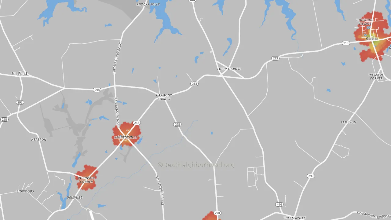Walk Grade map of 21645, MD, walkable areas in green and car-dependent areas in red