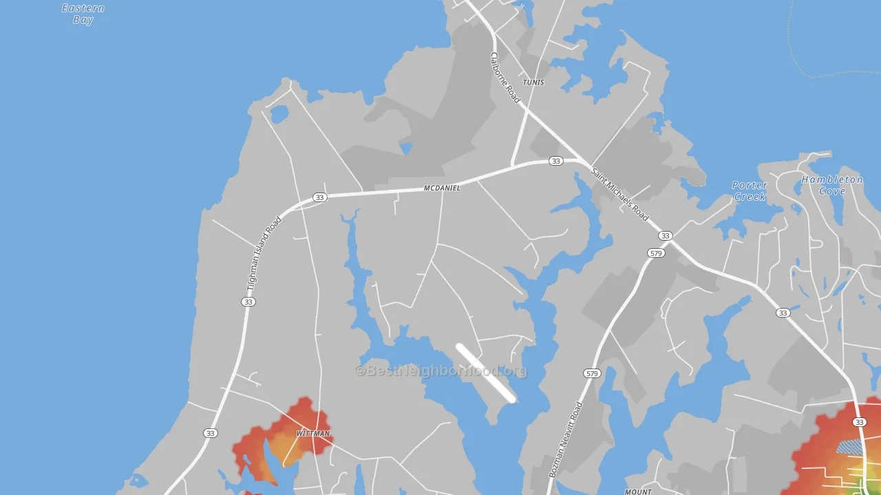 Walk Grade map of 21647, MD, walkable areas in green and car-dependent areas in red