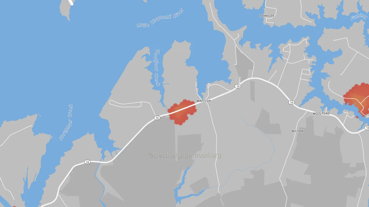 Walk Grade map of 21648, MD, walkable areas in green and car-dependent areas in red