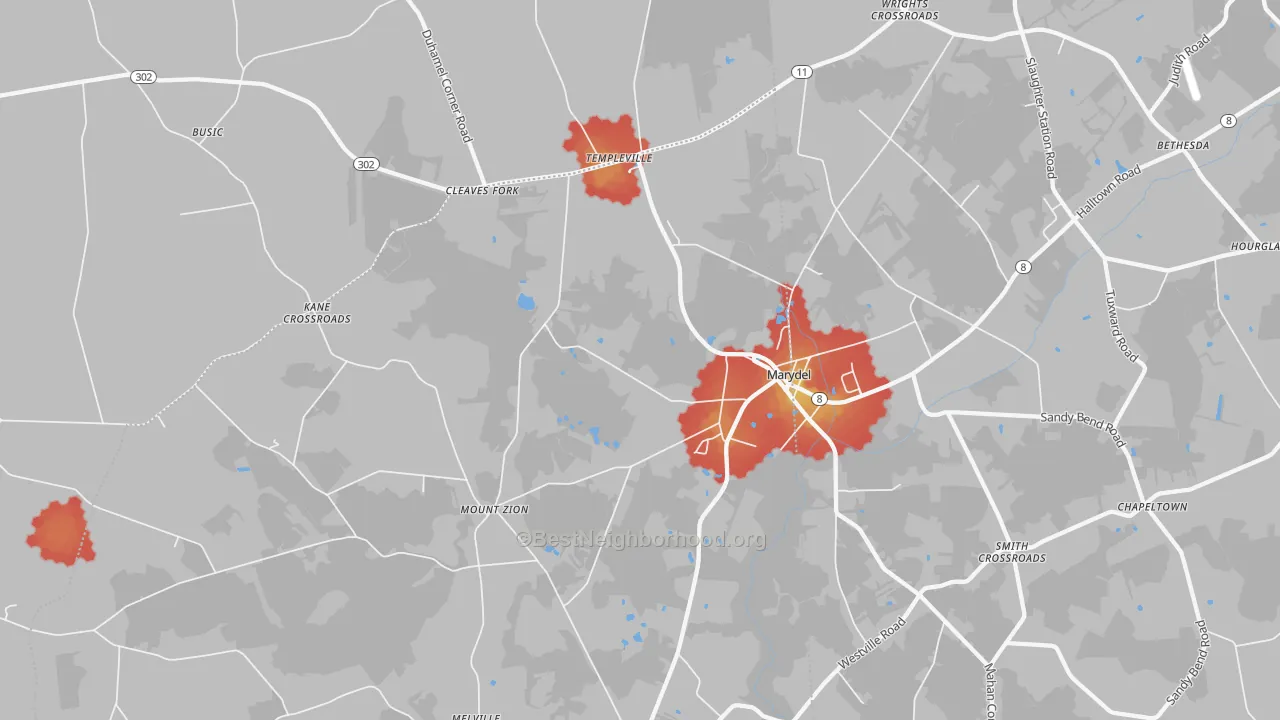Walk Grade map of 21649, MD, walkable areas in green and car-dependent areas in red