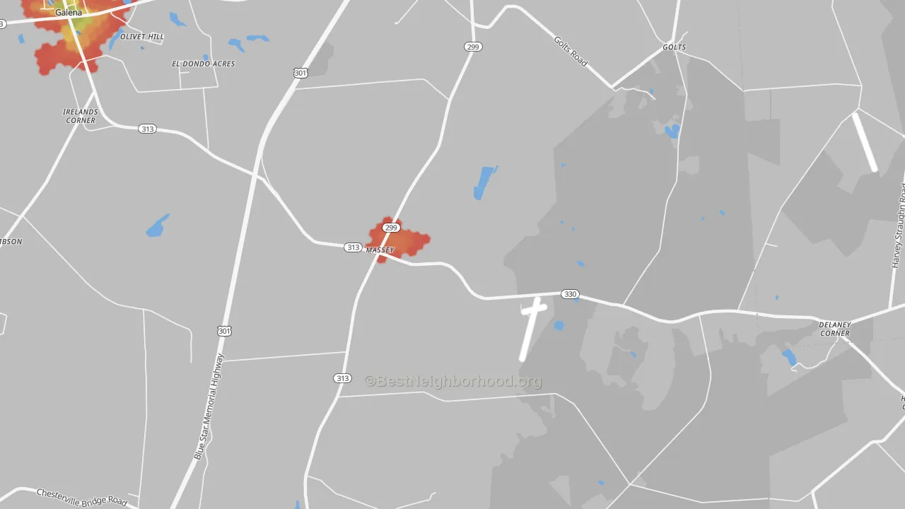 Walk Grade map of 21650, MD, walkable areas in green and car-dependent areas in red