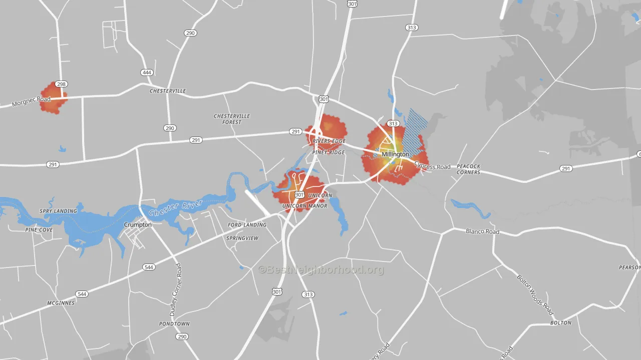 Walk Grade map of 21651, MD, walkable areas in green and car-dependent areas in red